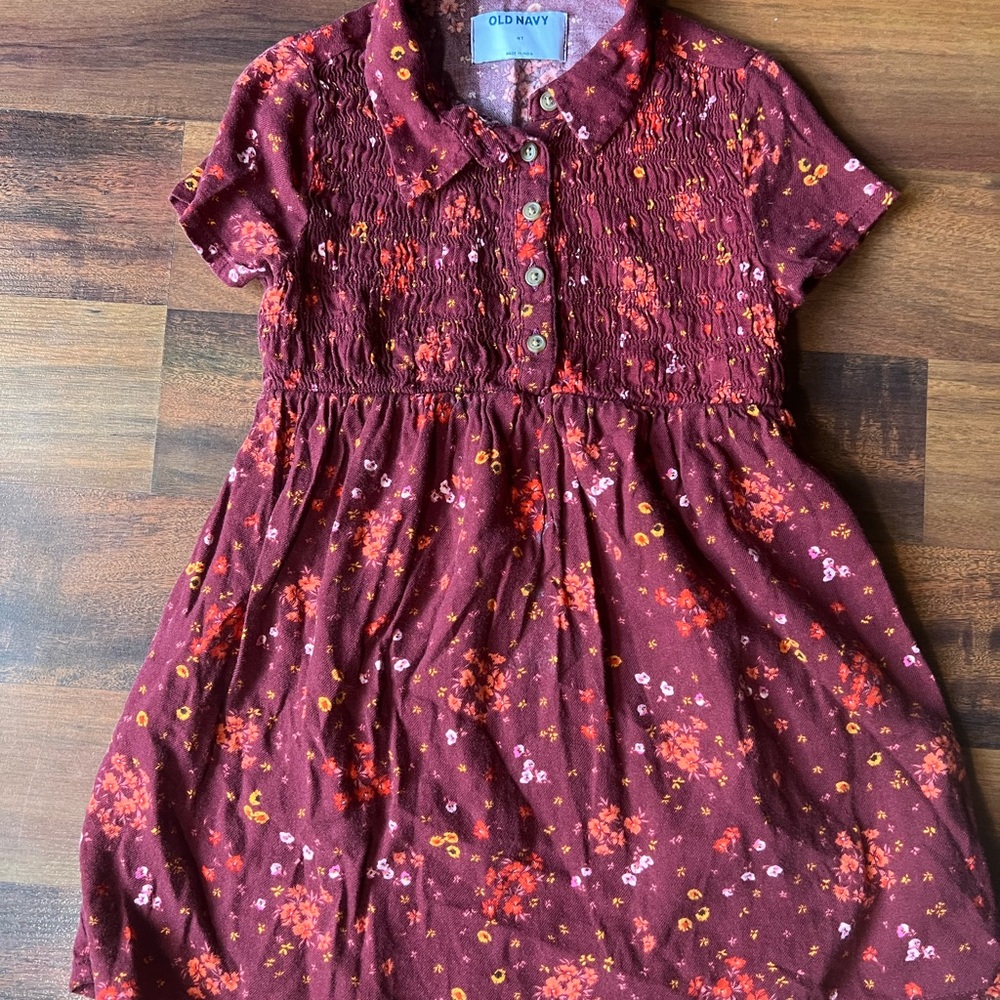 OldNavy Toddler Girl Dress 4T Burgundy Floral Collared Short Sleeve Button Front